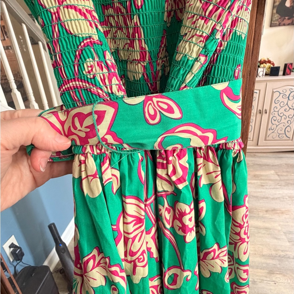 Green Floral Puff Sleeve Maxi Dress with Tie Waist - Picture 2 of 9